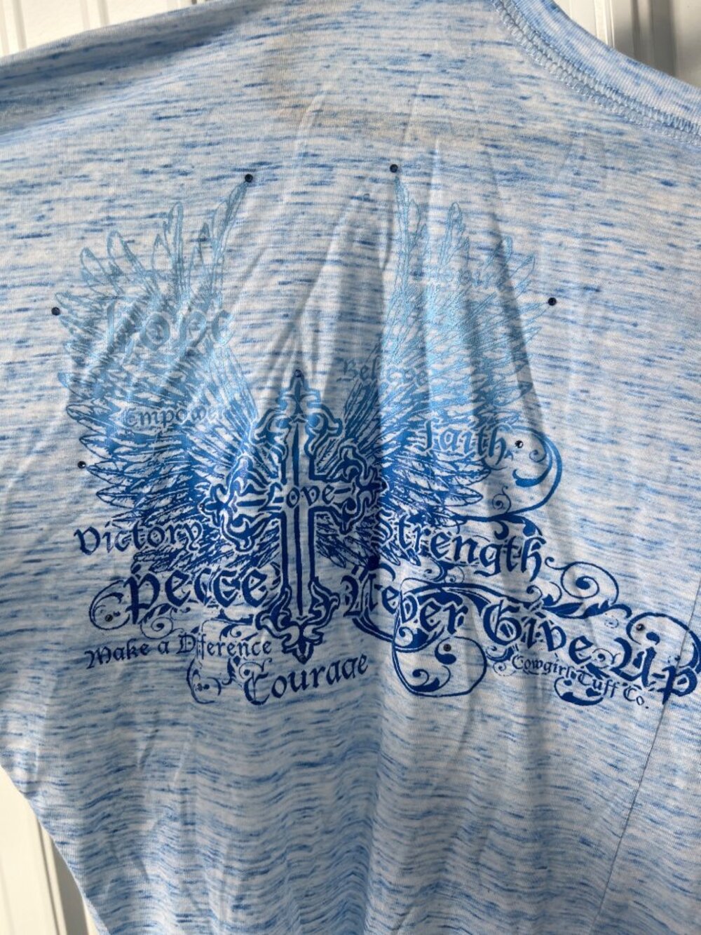 Cowgirl Tuff Company Top Tee XL Long Sleeve Graphic Blue Cross Angel Wing NEW - Picture 4 of 7